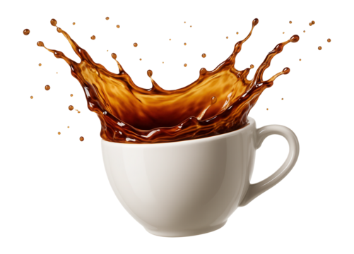 A dynamic splash of coffee mid-air coming from a white cup on transparent background. - Powered by Adobe
