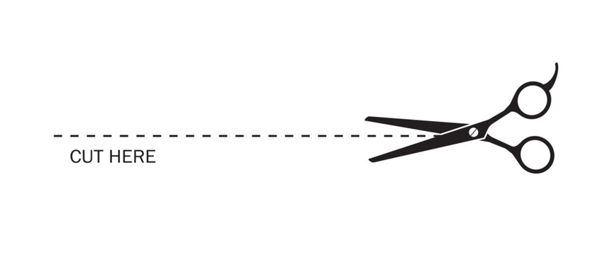 Cut here instruction with dashed line and scissor. flat black vector illustration for product packaging