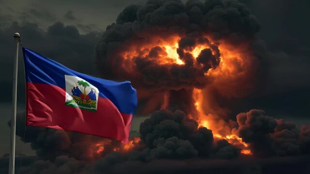 Animation of the flag of Haiti waving against a backdrop of a massive fiery explosion. This footage can be used to depict concepts such as conflict, crisis, war, or political instability.