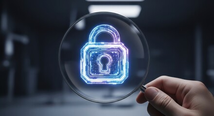 Analyzing digital security with a magnifying glass over a glowing futuristic padlock hologram