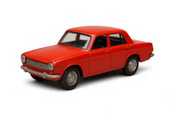 Red miniature car model on transparent background representing automotive industry