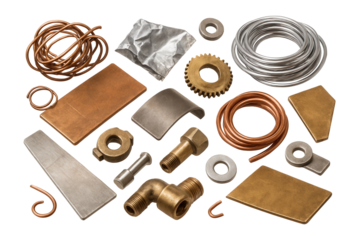 Assorted metal components including coils, gears, and brackets in various shapes and sizes on transparent background.