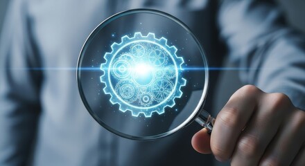 Analyzing technological innovation through a magnifying glass focusing on a glowing gear hologram