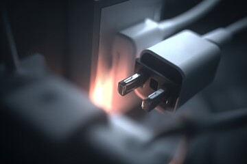 Close-up view of an electrical plug being inserted into a wall socket in a dimly lit room