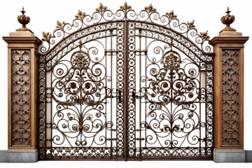 Ornate wrought iron gate with decorative scrollwork and pillars, isolated on transparent background