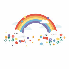 Obraz premium Rainbow and Flowers in a Field with Clouds