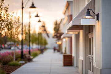 Charming street view at sunset showcasing storefronts and elegant lighting in a vibrant community