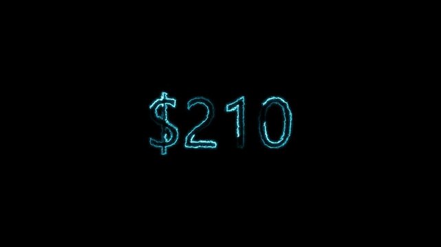 Glowing Neon 210 Dollars Text Icon Animation on Black Background | 4K Loop