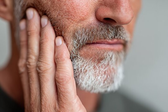 Man experiencing discomfort while touching his face in a softly lit indoor setting during the day