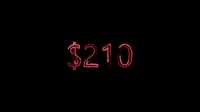 Glowing Neon 210 Dollars Text Icon Animation on Black Background | 4K Loop