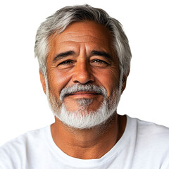Fototapeta premium Front view close-up of an extremely beautiful 65-year-old man from Paraguay in a white T-shirt smiling, isolated on a white transparent background.
