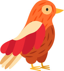 Cartoon illustration of an orange bird standing and showing red and orange feathers, perfect for children book illustrations, educational materials, or any project needing a touch of nature