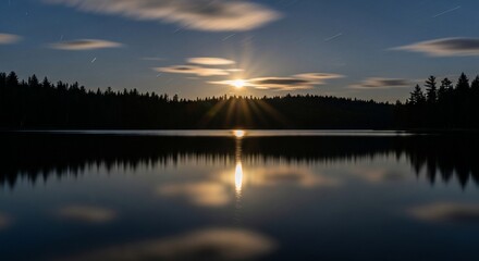Obraz premium Tranquil lake reflects moon and star trails over a dark forest at night