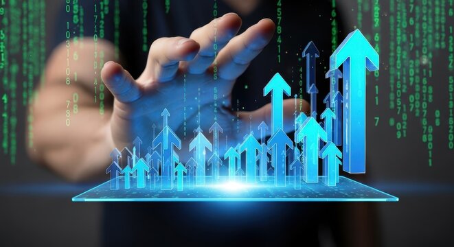 Businessman's hand controlling a futuristic virtual interface with ascending growth arrows.