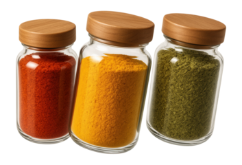 Three glass jars with wooden lids containing vibrant red, yellow, and green spices on transparent background.