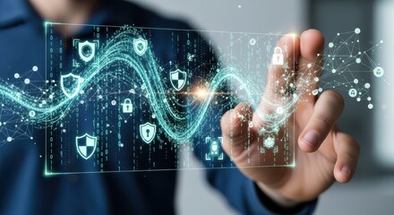 Man interacting with a futuristic digital interface showing network data and cybersecurity icons.