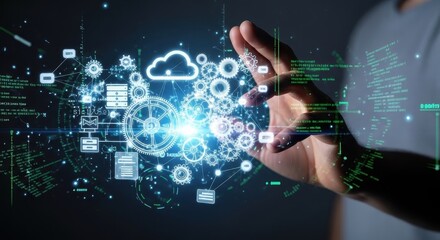 Developer engineering a futuristic cloud network of digital information and data services.