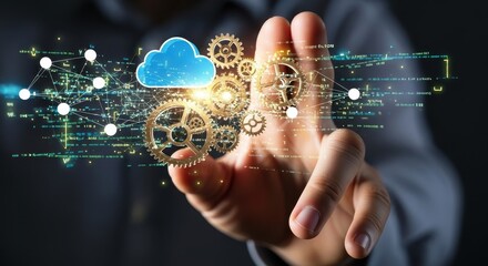 Businessman's hand interacting with a holographic interface of cloud data and automation gears