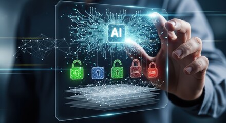 AI-Powered Security Hand Interacting with AI Circuits & Digital Locks