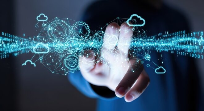 A hand manipulating a glowing holographic interface with cloud computing and AI gear systems.