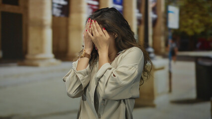 Young hispanic woman pressing palms to cheeks with furrowed brow and open mouth in an old town street; fear.