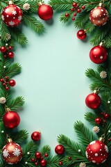 Festive red, green & white Christmas ornaments and branches border , pine, merry christmas