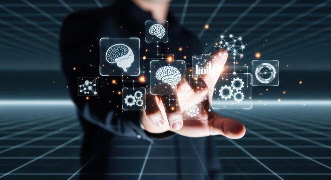 A person's hand manipulating floating holographic icons of AI systems and network connections.