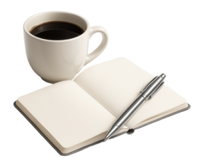 A white coffee cup beside an open blank notebook with a silver pen resting on the pages on transparent background.