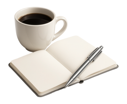 A white coffee cup beside an open blank notebook with a silver pen resting on the pages on transparent background.
