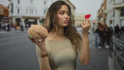 Woman holding a model brain and paper heart stands on a busy street, illustrating a choice between...