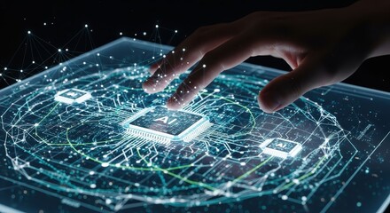 Human hand touching a futuristic AI processor chip on a glowing digital network interface