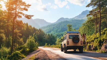 Off-road SUV driving through mountain landscape

