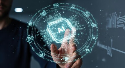Man touching a glowing holographic artificial intelligence chip interface with security icons