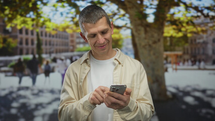 Obraz premium Man using smartphone outdoors on the street, surrounded by urban scenery and pedestrians, showcasing modern technology in everyday life beneath a tree's shade.