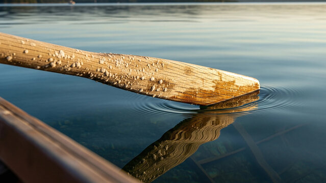 A close up of a wooden paddle entering calm water creating ripples with a reflection of the paddle visible - Powered by Adobe