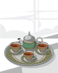 Traditional Turkish Coffee Set with Cups and Pot Illustration