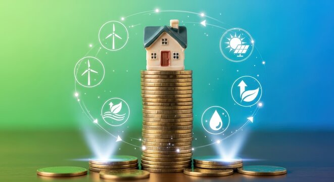 House model on stacked coins with renewable energy icons for sustainable property investment. - Powered by Adobe