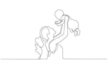 Continuous one line drawing of mother lifting baby playfully in the air, family and parenting concept, single line art