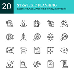 Strategic Planning Outline Icon Sheet Design Vector - strategy execution, goal setting, problem solving, innovation, data analysis, project planning, agile process, decision making, leadership