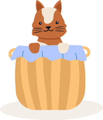 Adorable cartoon kitten peeking out of wicker laundry basket covered with blue cloth, creating a heartwarming scene of feline curiosity and playfulness