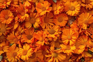 High Detail Picture of Background Full of Orange Harvested Marigold Flowers
