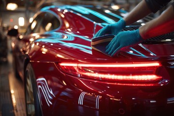 A person in blue gloves meticulously polishes a sleek red sports car in an auto shop during the evening hours, enhancing its shine