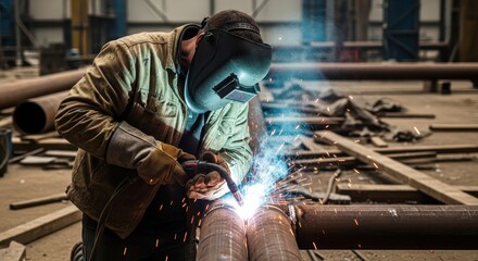 A skilled welder in a protective mask joins large metal pipes with bright sparks in a workshop