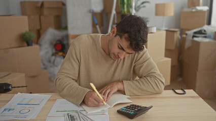 Man reviews notebook data during writing session in home study by young hispanic near boxes after moving with calculator by guy.