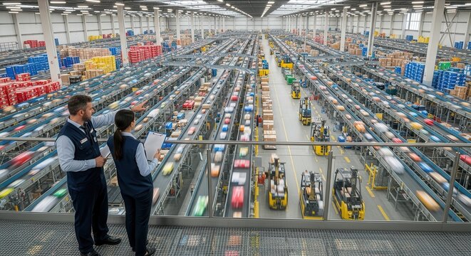 Logistics professionals supervise a large, automated distribution center with efficient package processing systems.