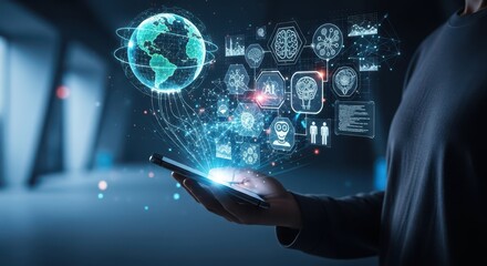 Businessman holding a smartphone with a holographic projection of a global network and AI icons.