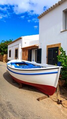 White boat on street in village
