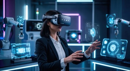 A female engineer using a virtual reality headset to interact with a futuristic robotic arm.
