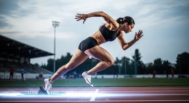 Dynamic side view of a determined female sprinter exploding from the blocks, ground illuminated with raw power. - Powered by Adobe