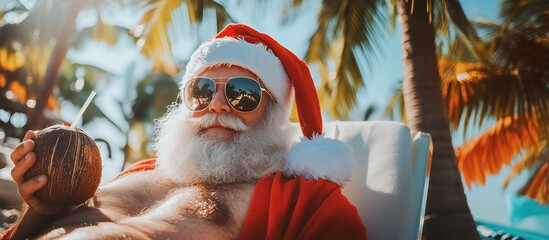 tropical Santa Claus.Relaxed Santa Claus Wearing Sunglasses and Holding Coconut Drink on Tropical Beach with Palm Trees Representing Warm Christmas Vacation and Holiday Escape Concept
